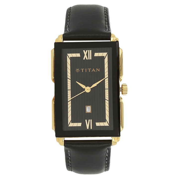 Titan Quartz Analog with Date Black Dial Leather Strap Watch for Men-NJ1485YL02