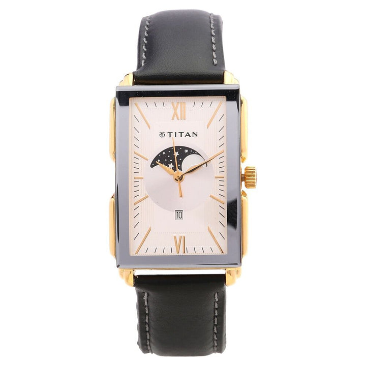 Titan Moonphase Silver Dial Quartz Leather Strap Watch for Men-NF1485YL03
