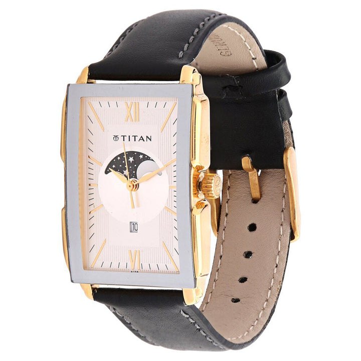 Titan Moonphase Silver Dial Quartz Leather Strap Watch for Men-NF1485YL03