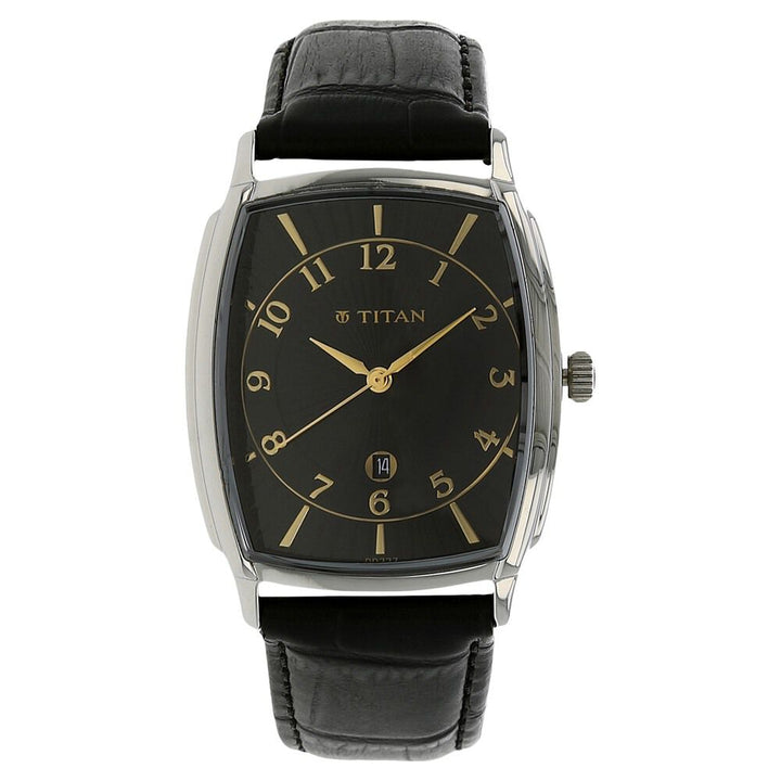 Titan Quartz Analog with Date Black Dial Leather Strap Watch for Men-1486SL02