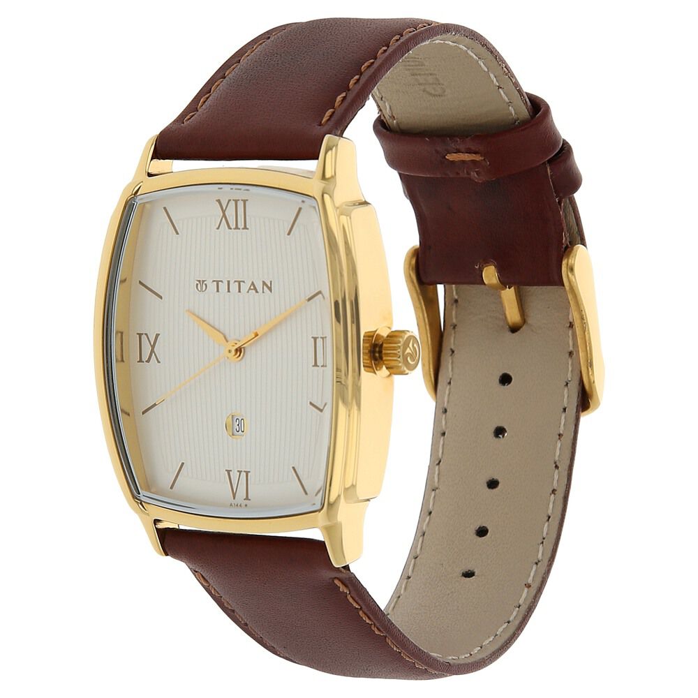 Titan Quartz Analog with Date Silver Dial Leather Strap Watch for Men-NJ1486YL01