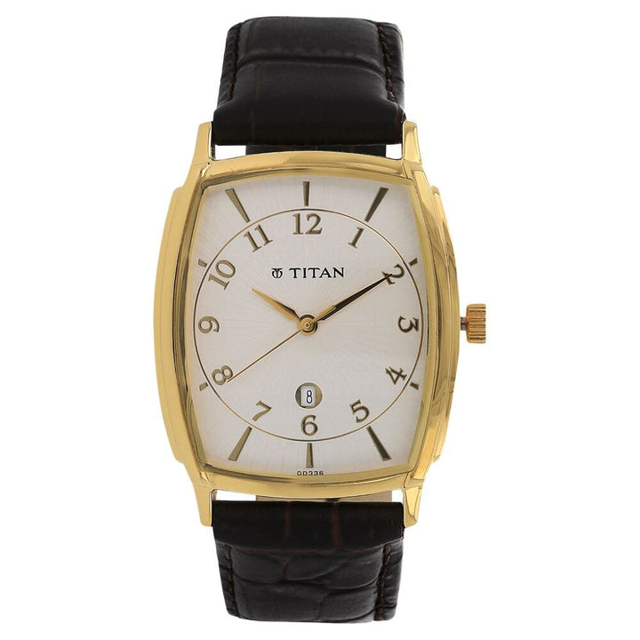 Titan Quartz Analog with Date Silver Dial Leather Strap Watch for Men-NH1486YL05