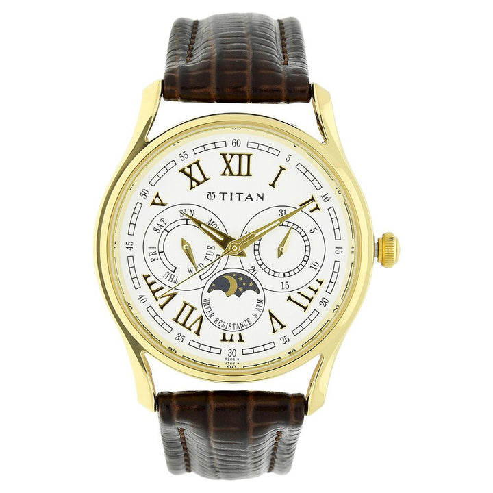 Titan Quartz Multifunction White Dial Leather Strap Watch for Men-NN1487YL01