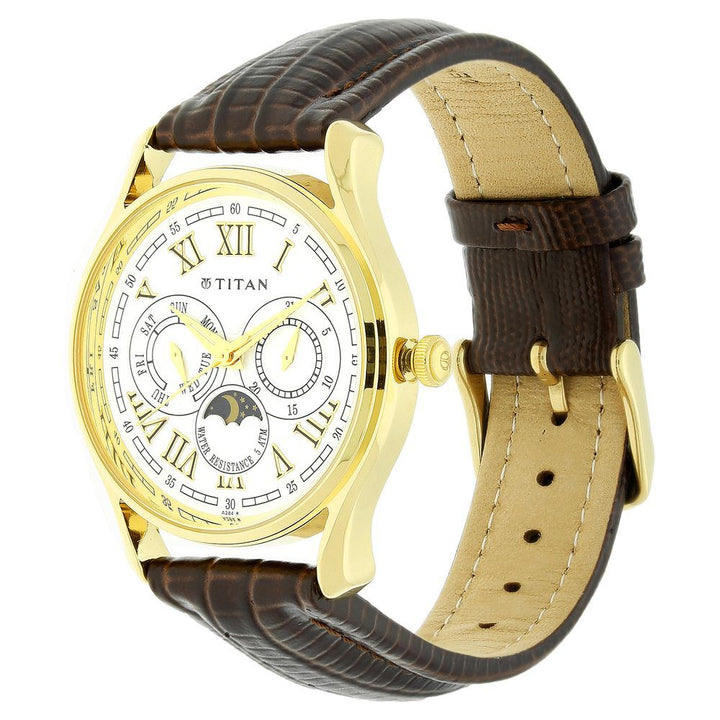 Titan Quartz Multifunction White Dial Leather Strap Watch for Men-NN1487YL01