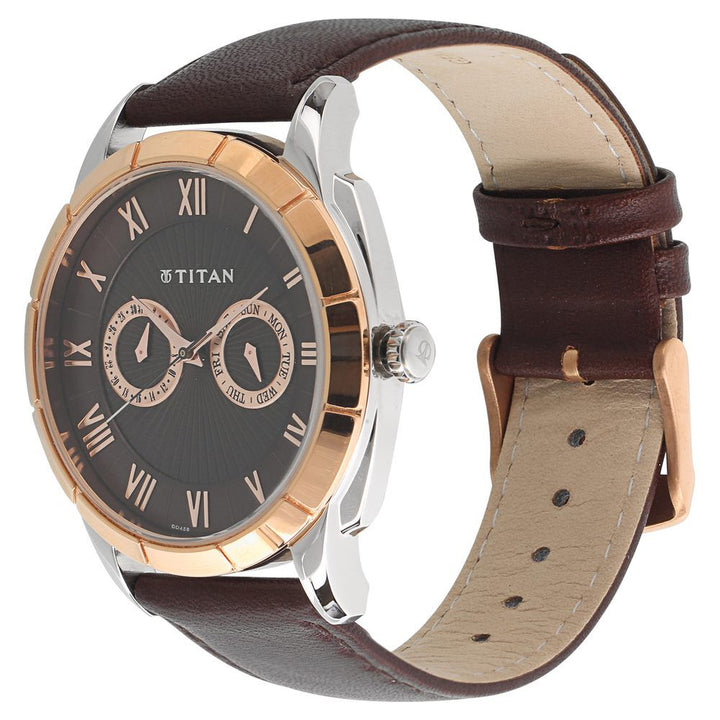 Titan Smartsteel Brown Dial Quartz Multifunction Leather Strap watch for Men-NL1489KL02