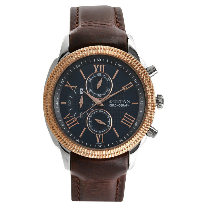 Titan Chrono ClassicBlue Chrono Leather Strap watch for Men-1489KL04