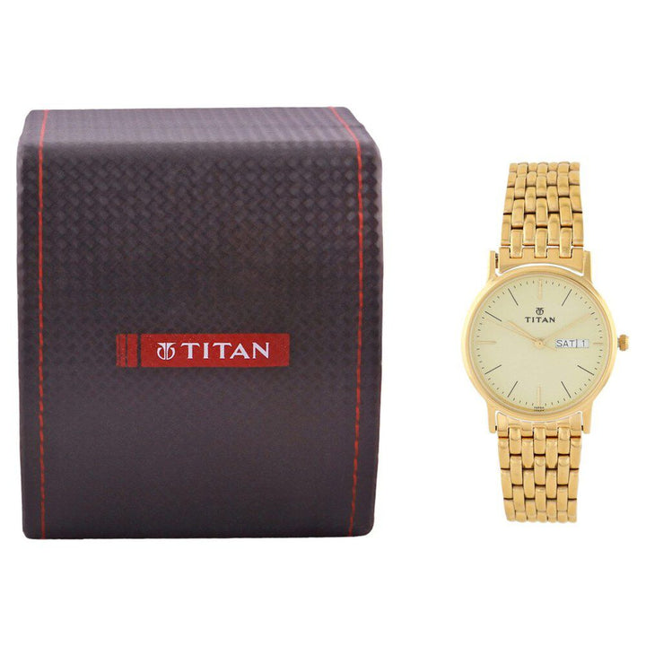 Titan Royale Champagne Dial Analog with Day and Date Metal Strap Watch for Men-NE149YM07