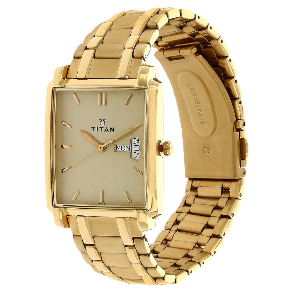 Titan Quartz Analog with Day and Date Champagne Dial Stainless Steel Strap watch for Men NS1506YM02
