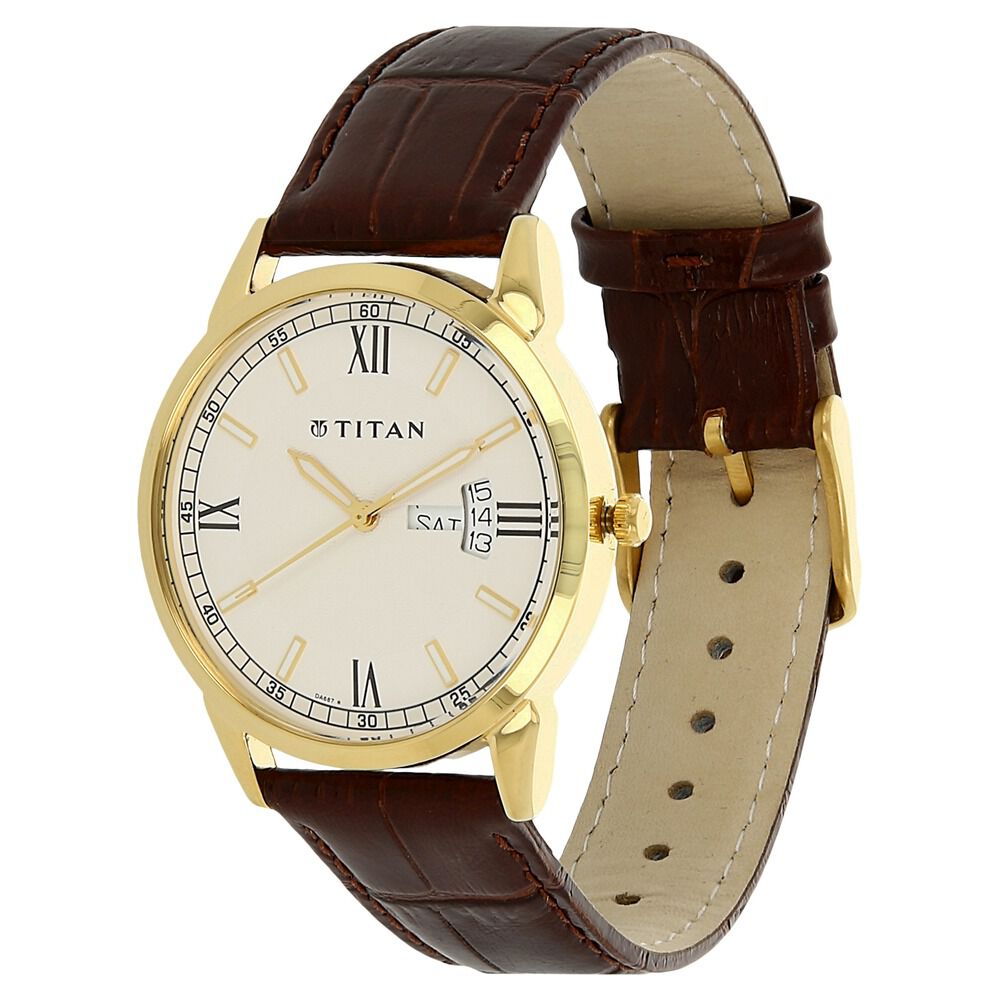 Titan Analog Silver Dial Day Date Leather Strap Watch for Men NS1521YL08