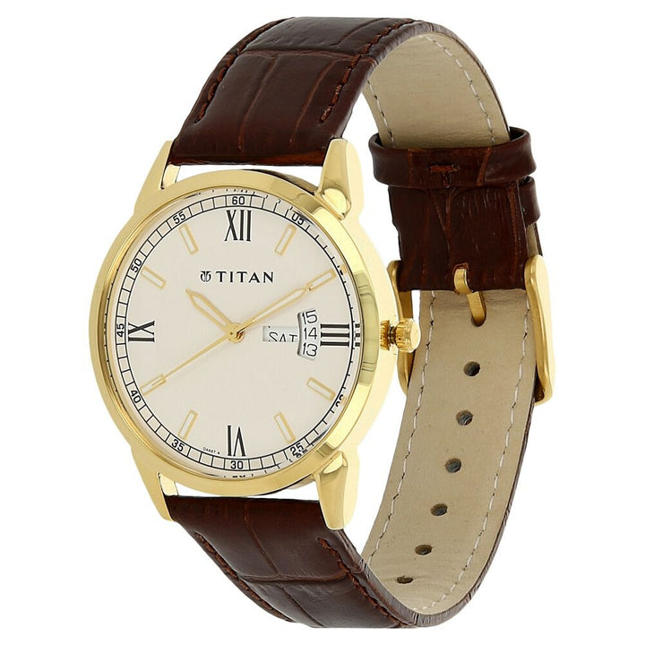 Titan Analog Silver Dial Day Date Leather Strap Watch for Men NS1521YL08