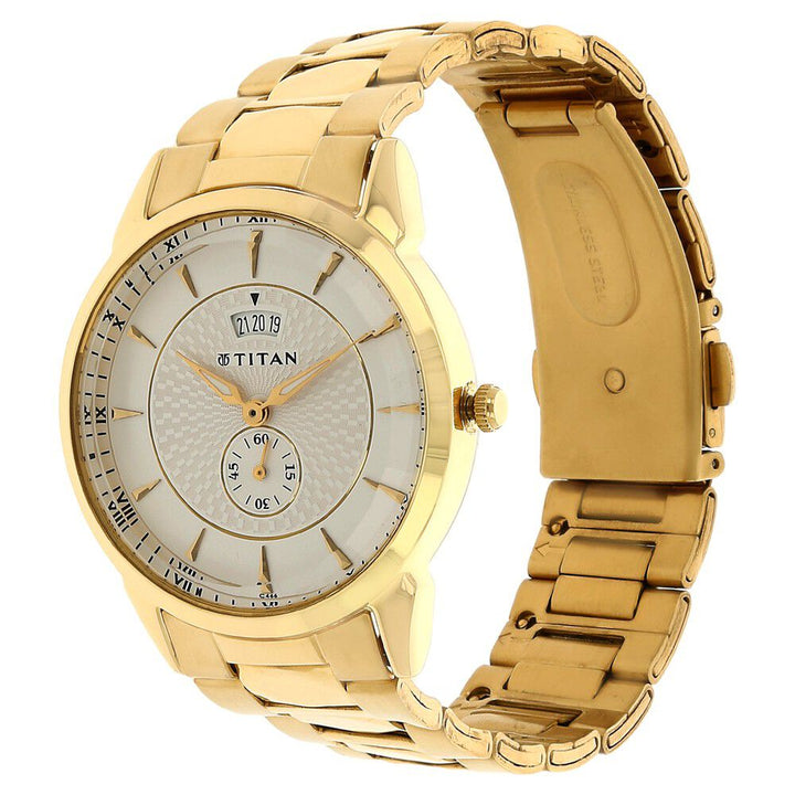 Titan Quartz Analog with Date Silver Round Dial Golden Stainless Steel Strap Watch For Men - The Watch Factory ®