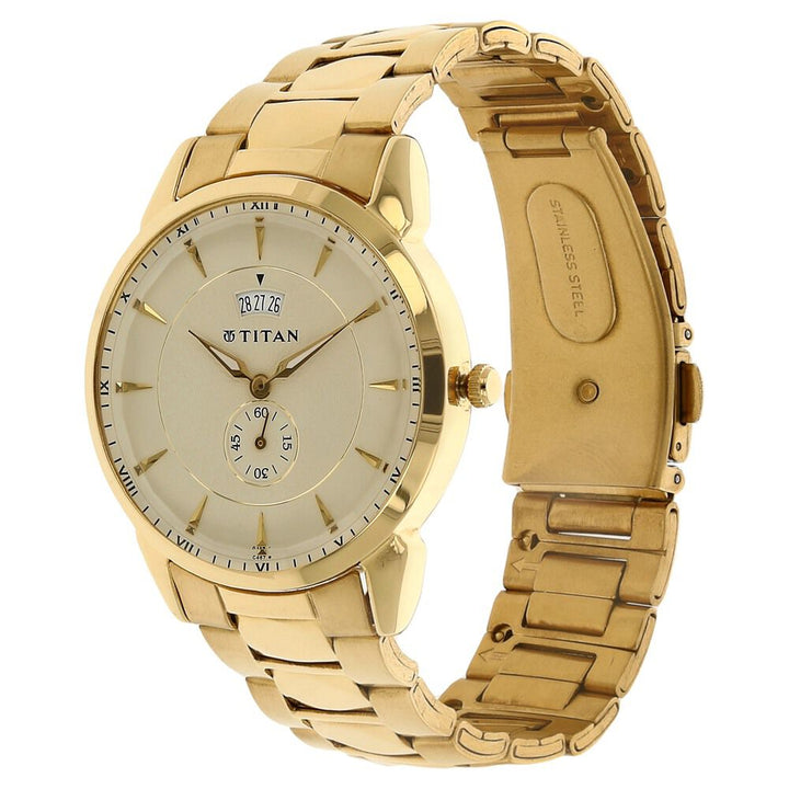 Titan Quartz Analog with Date Champagne Dial Stainless Steel Strap Watch for Men NS1521YM02