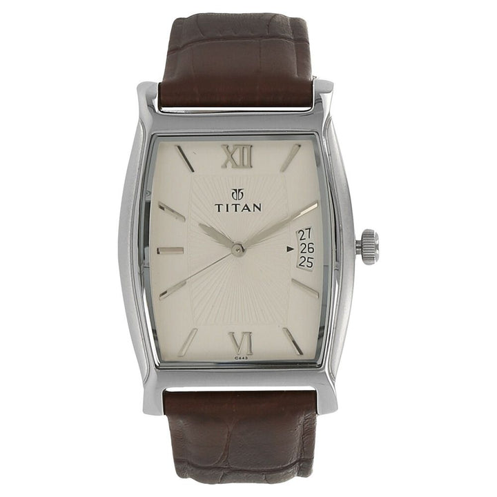 Titan Quartz Analog with Date Silver Dial Leather Strap Watch for Men-NJ1530SL01
