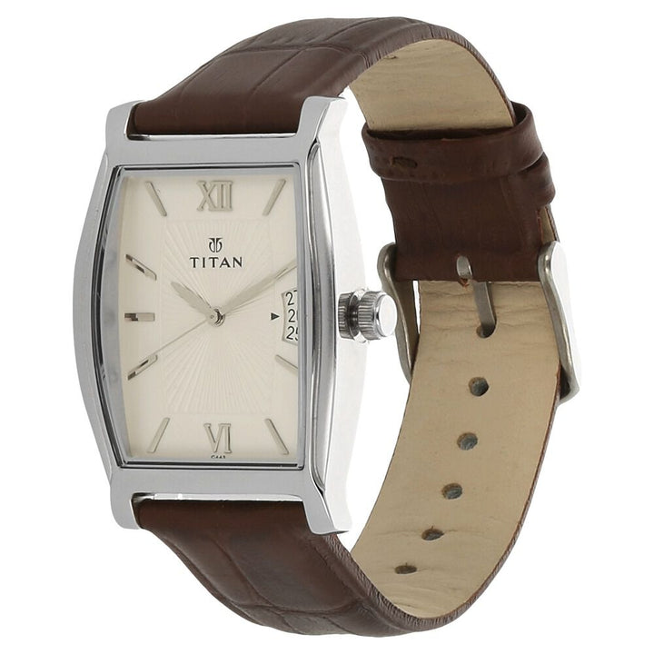 Titan Quartz Analog with Date Silver Dial Leather Strap Watch for Men-NJ1530SL01