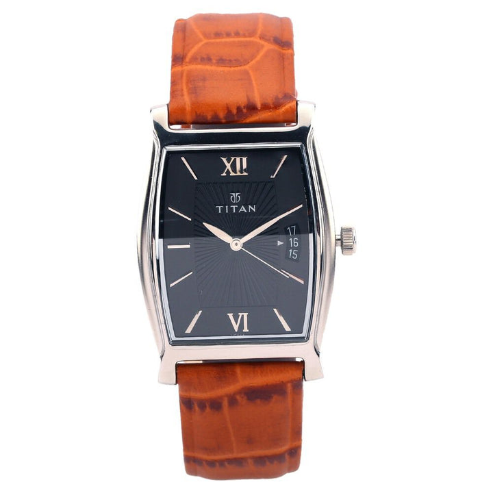 Titan Tonneau Black Dial Analog with Date Leather Strap Watch for Men-1530SL02