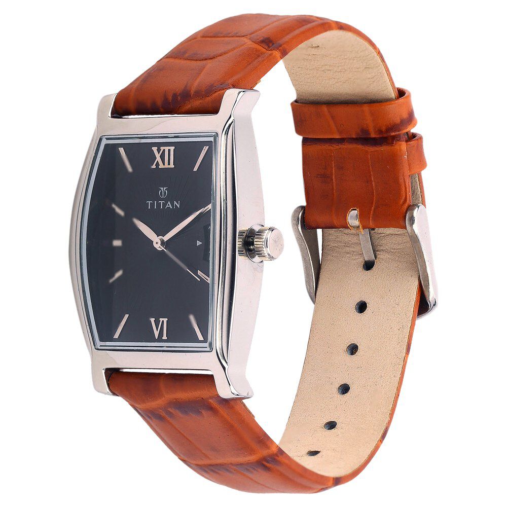 Titan Tonneau Black Dial Analog with Date Leather Strap Watch for Men-1530SL02