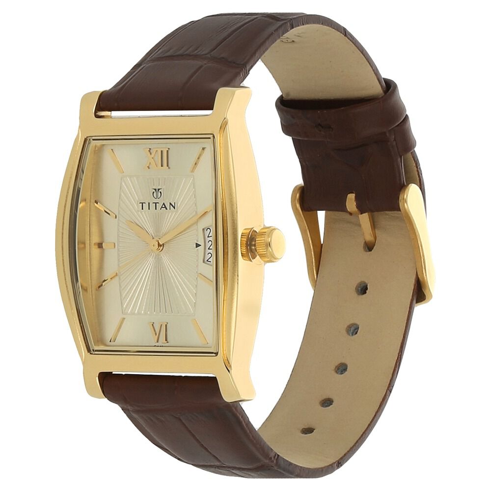 Titan Quartz Analog with Date Champagne Dial Leather Strap Watch for Men-1530YL04