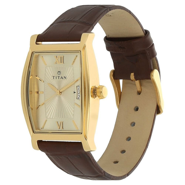 Titan Quartz Analog with Date Champagne Dial Leather Strap Watch for Men-1530YL04