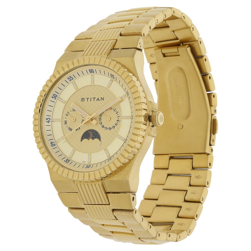 Titan Quartz Analog Champagne Dial Stainless Steel Strap Watch for Men-NJ1532YM02