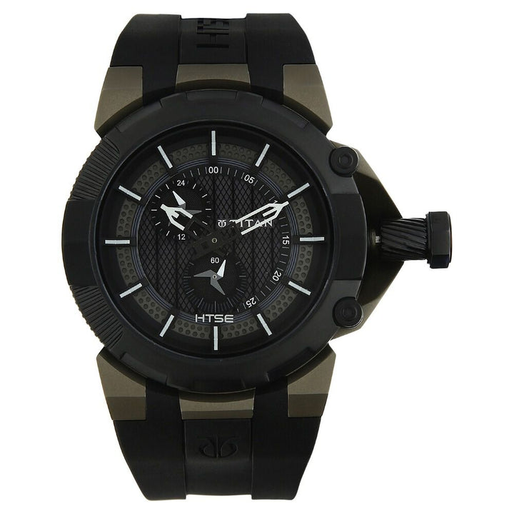 Titan Quartz Multifunction Black Dial Plastic Strap Watch for Men-1539KP01