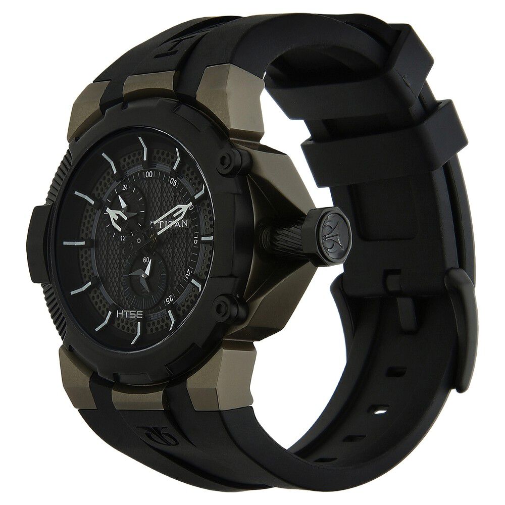 Titan Quartz Multifunction Black Dial Plastic Strap Watch for Men-1539KP01