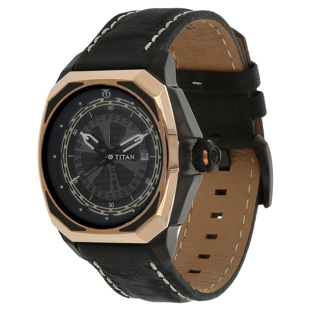 Titan Quartz Analog Solar Black Dial Leather Strap Watch for Men-NC1544KL02