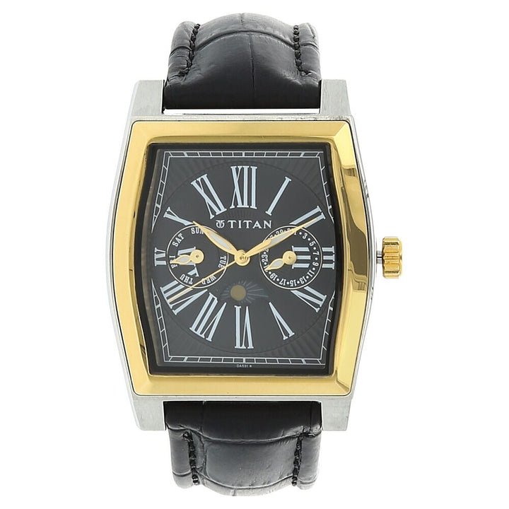 Titan Quartz Multifunction Black Dial Leather Strap Watch for Men-NC1555BL02