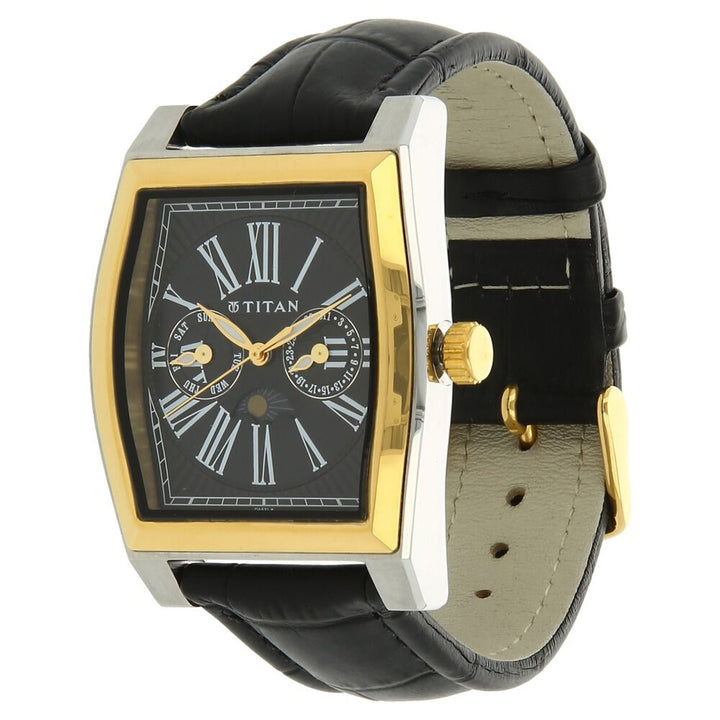 Titan Quartz Multifunction Black Dial Leather Strap Watch for Men-NC1555BL02