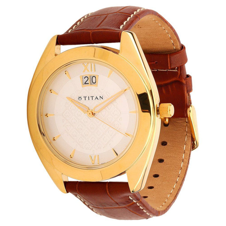 Titan Tycoon Silver Dial Analog with Date Leather Strap watch for Men-NE1557YL01