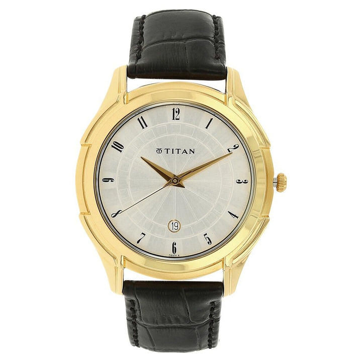 Titan Quartz Analog with Date Silver Dial Leather Strap Watch for Men-NE1558YL01