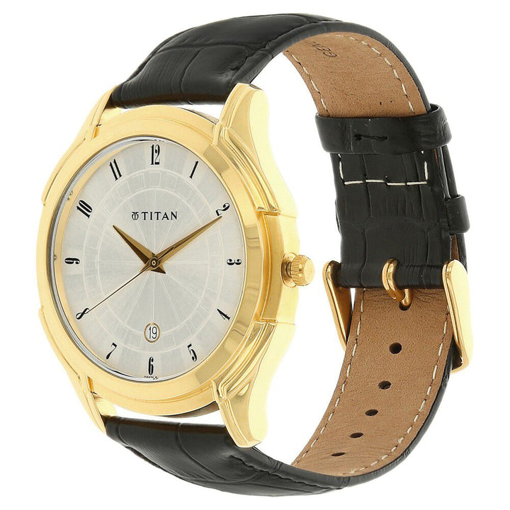 Titan Quartz Analog with Date Silver Dial Leather Strap Watch for Men-NE1558YL01