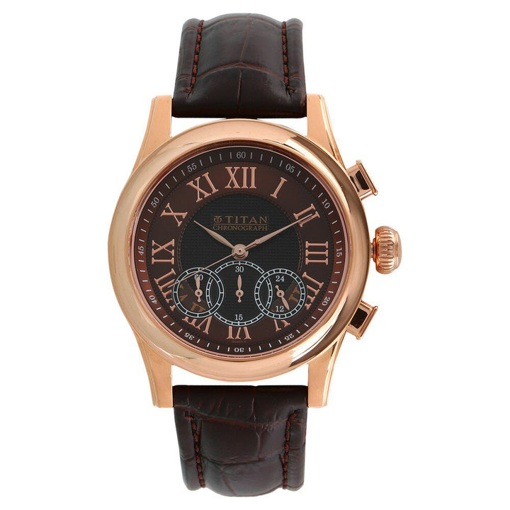 Titan Chrono Classic Brown Dial Chrono Leather Strap watch for Men-1562WL03