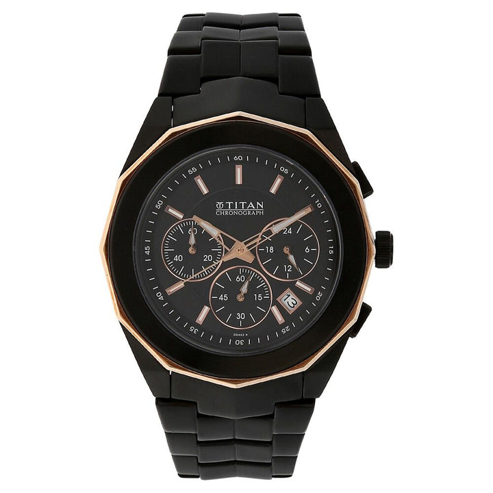Titan Quartz Chronograph Black Dial Stainless Steel Strap Watch for Men-NE1563KM04
