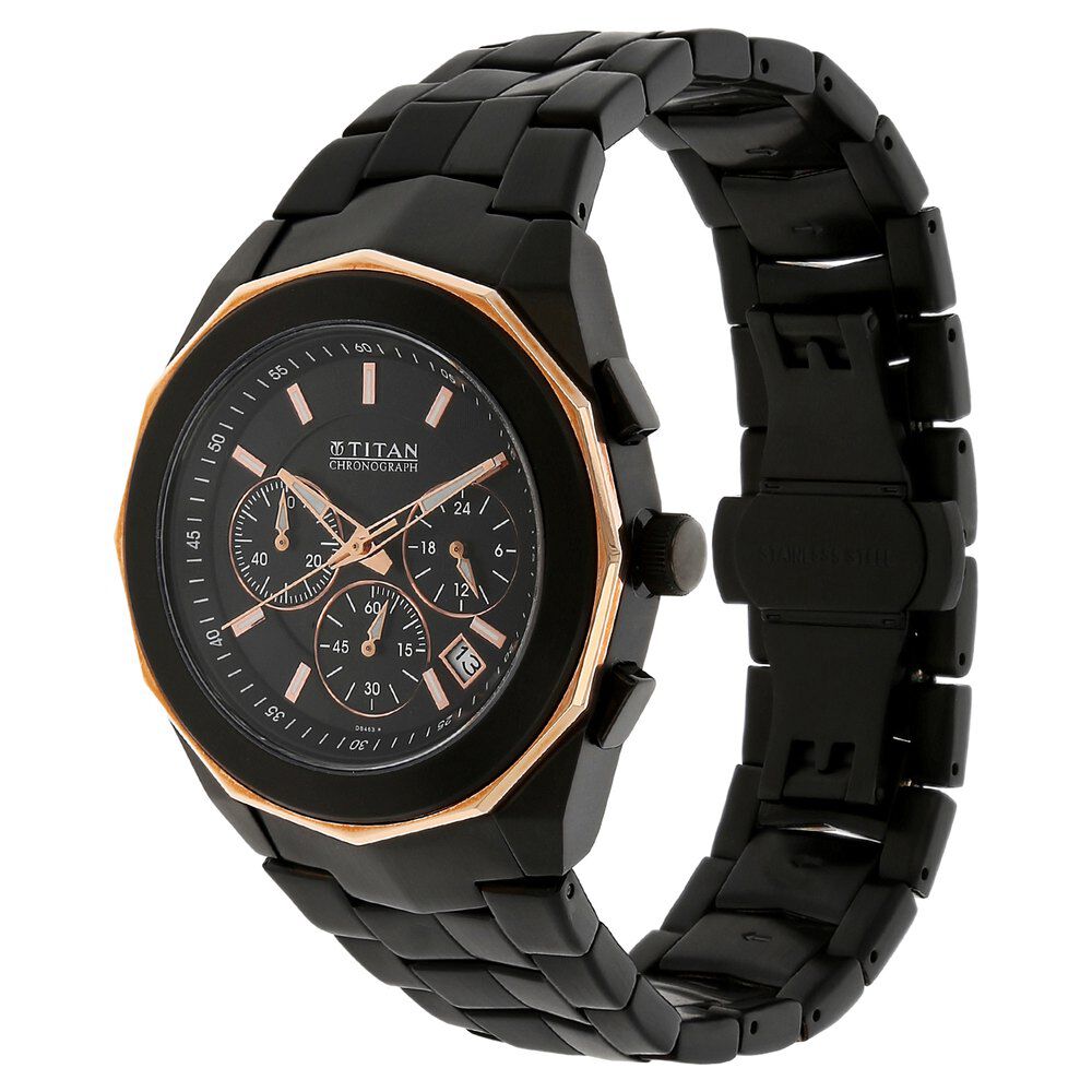 Titan Quartz Chronograph Black Dial Stainless Steel Strap Watch for Men-NE1563KM04