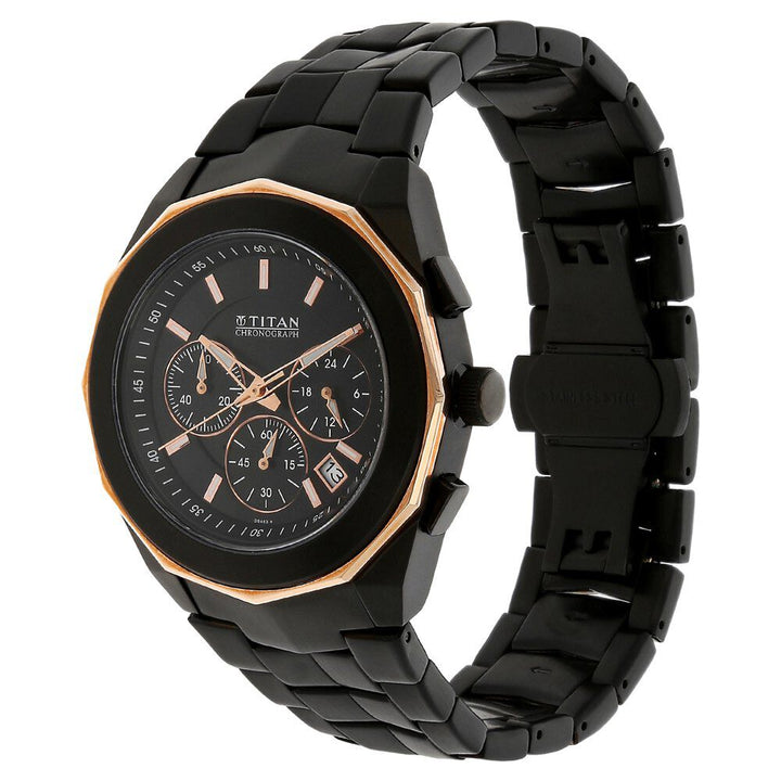Titan Quartz Chronograph Black Dial Stainless Steel Strap Watch for Men-NE1563KM04