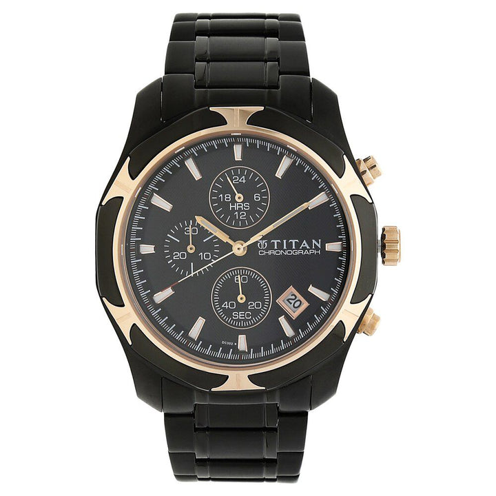 Titan Quartz Chronograph Black Dial Stainless Steel Strap Watch for Men-ND1564KM02