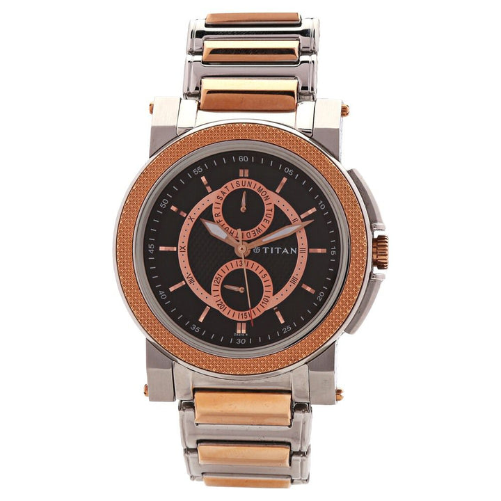 Titan Quartz Multifunction Black Dial Stainless Steel Strap Watch for Men-NB1567KM02