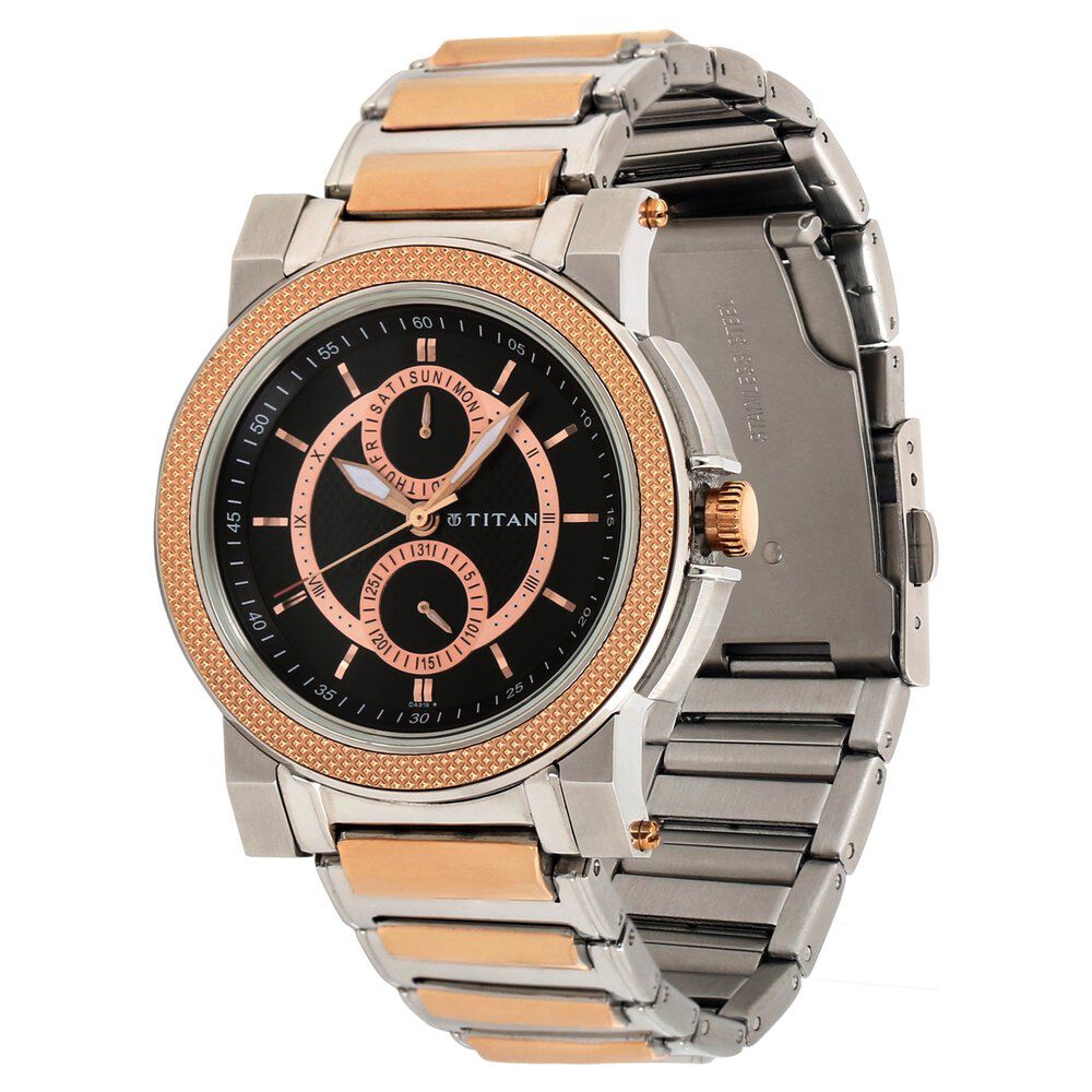 Titan Quartz Multifunction Black Dial Stainless Steel Strap Watch for Men-NB1567KM02
