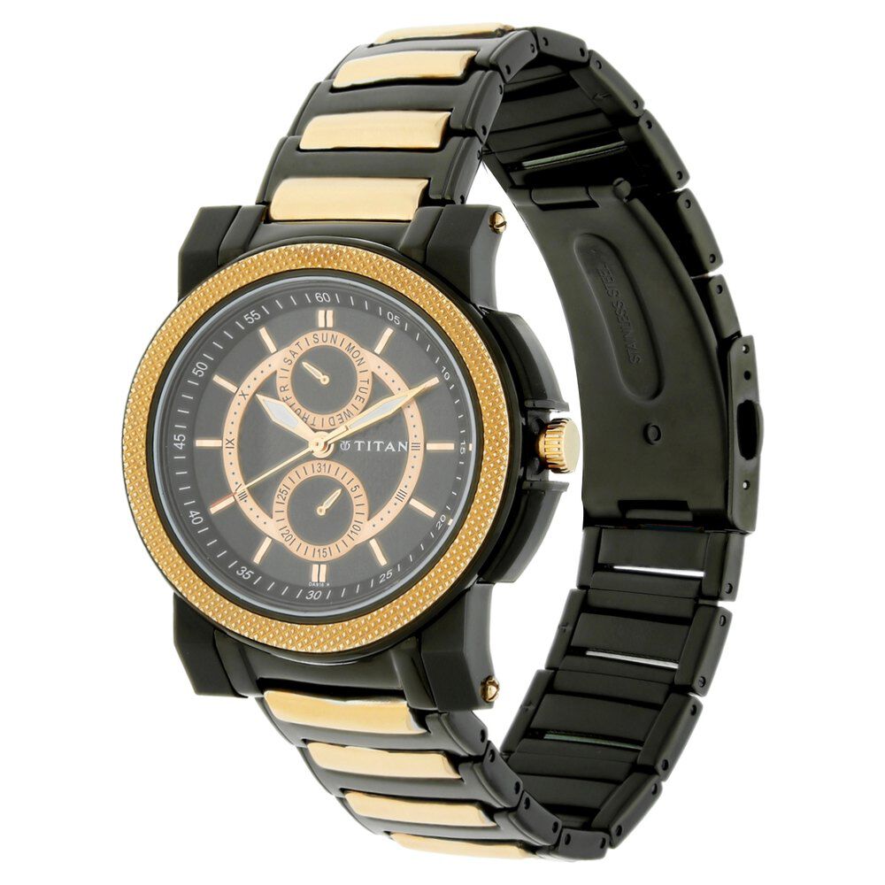 Titan Quartz Multifunction Black Dial Metal Strap Watch for Men-NB1567KM03