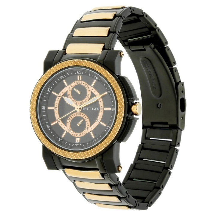 Titan Quartz Multifunction Black Dial Metal Strap Watch for Men-NB1567KM03