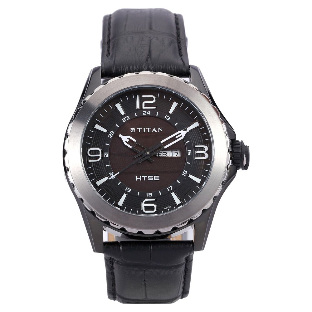 Titan HTSE Black Dial Solar Powered Leather Strap Watch for Men-NE1572KL02