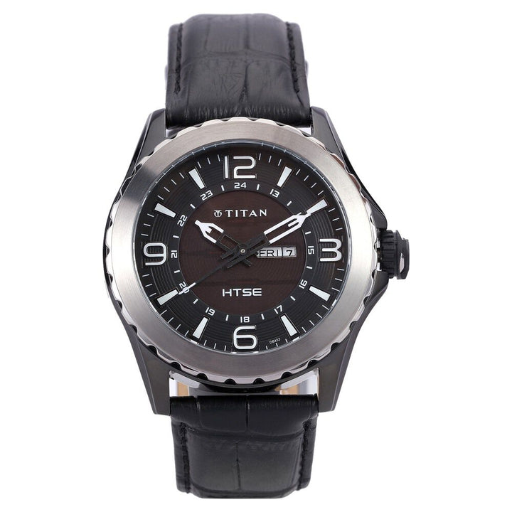 Titan HTSE Black Dial Solar Powered Leather Strap Watch for Men-NE1572KL02