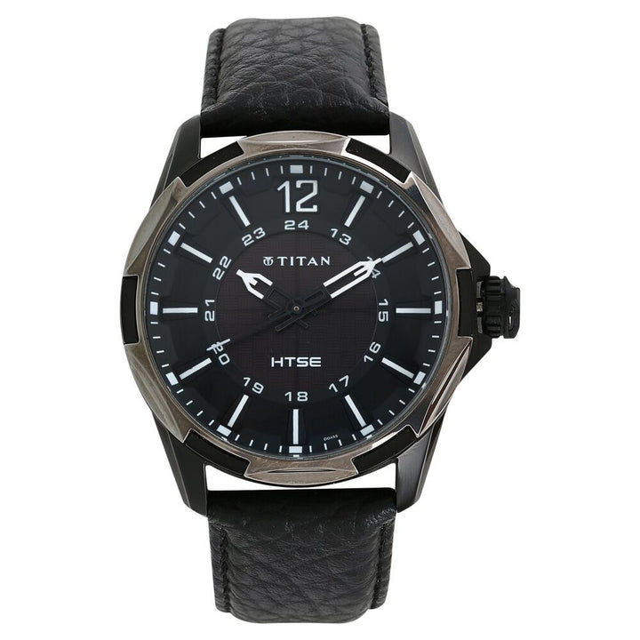 Titan Quartz Analog Solar Black Dial Leather Strap Watch for Men-NE1573KL03