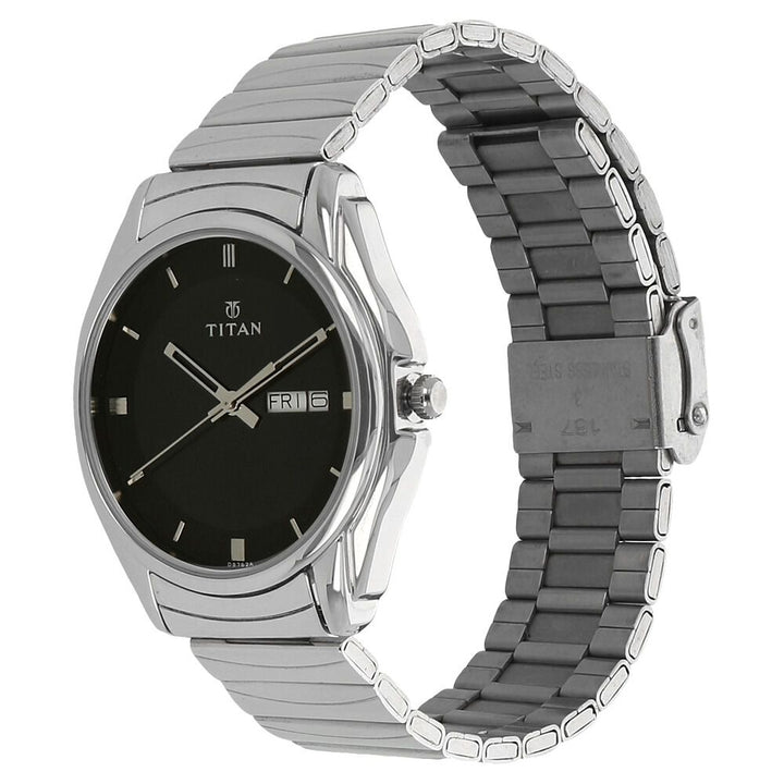 Titan Quartz Analog with Day and Date Black Dial Stainless Steel Strap Watch for Men NS1578SM04
