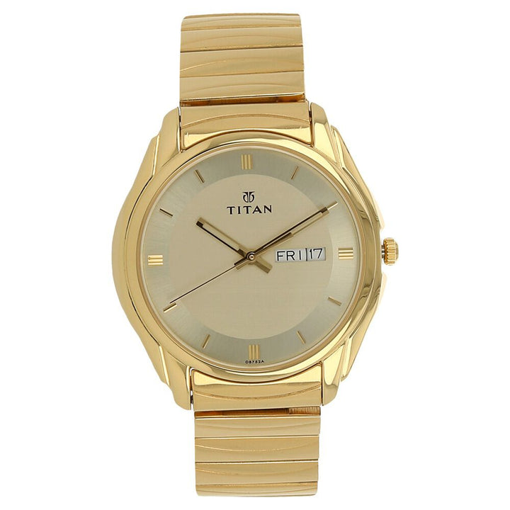 Titan Quartz Analog with Day and Date Champagne Dial Golden Stainless Steel Strap Watch For Men - The Watch Factory ®