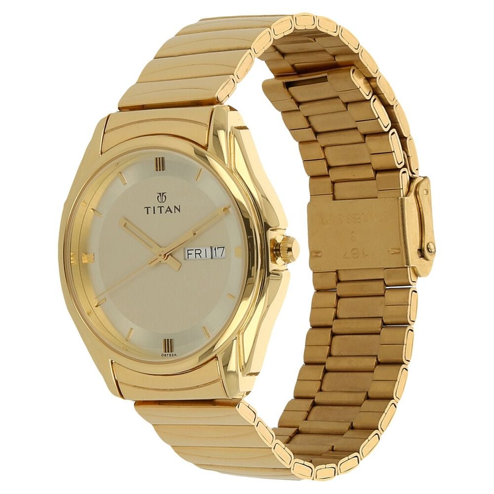 Titan Quartz Analog with Day and Date Champagne Dial Golden Stainless Steel Strap Watch For Men - The Watch Factory ®