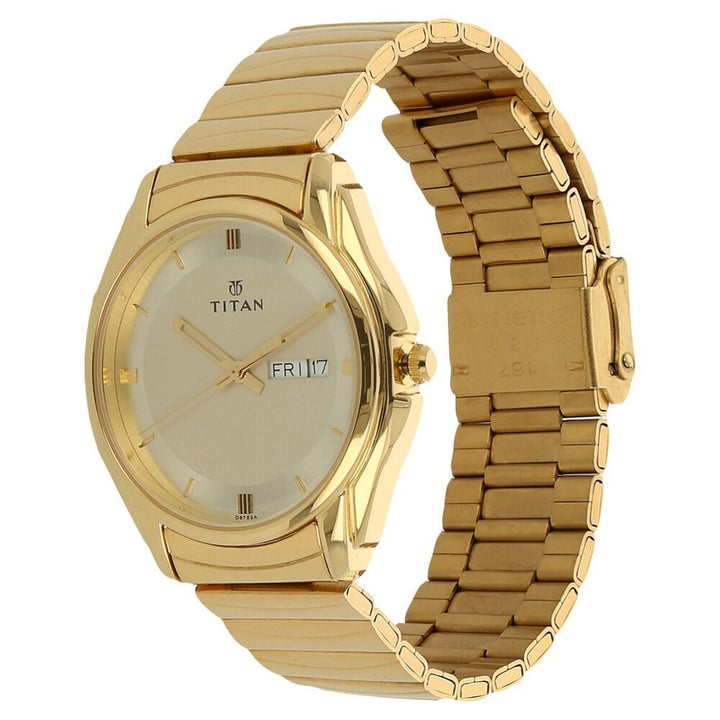 Titan Quartz Analog with Day and Date Champagne Dial Golden Stainless Steel Strap Watch For Men - The Watch Factory ®