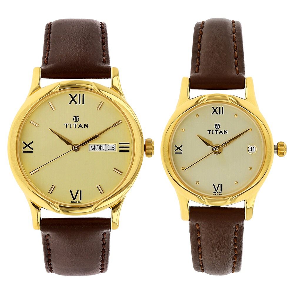 Titan Quartz Analog with Day and Date Champagne Dial Leather Strap Watch for Couple - The Watch Factory ®