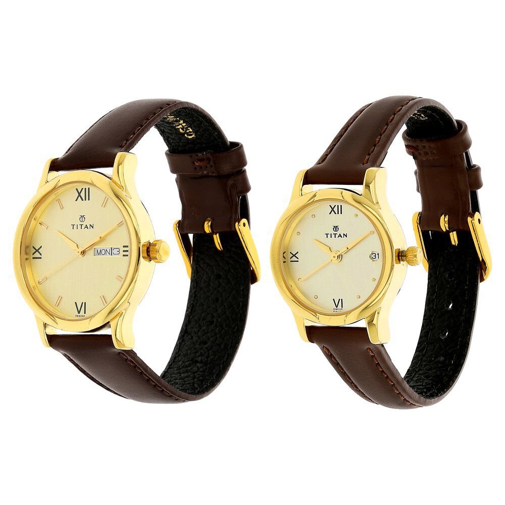 Titan Quartz Analog with Day and Date Champagne Dial Leather Strap Watch for Couple - The Watch Factory ®