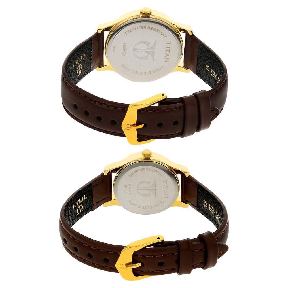 Titan Quartz Analog with Day and Date Champagne Dial Leather Strap Watch for Couple - The Watch Factory ®